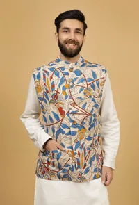 Irish White Floral Kalamkari Cotton Nehru Jacket image 2