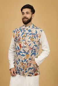 Irish White Floral Kalamkari Cotton Nehru Jacket image 3