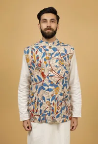 Irish White Floral Kalamkari Cotton Nehru Jacket image 4