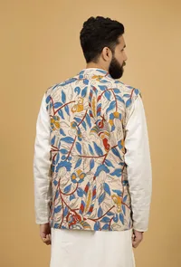 Irish White Floral Kalamkari Cotton Nehru Jacket image 5