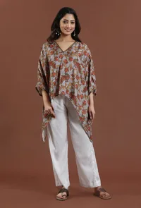 Beige Kalamkari Printed High-Low Top image 1