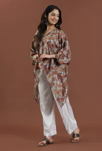 Beige Kalamkari Printed High-Low Top image 2