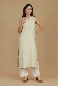 Beige Cotton Khadi Sleeveless Kurta image 2
