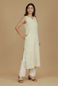 Beige Cotton Khadi Sleeveless Kurta image 3