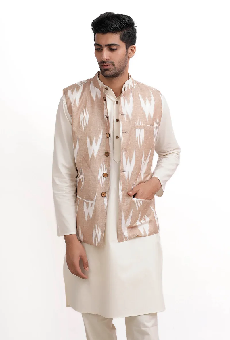 Beige Ikat Nehru Jacket