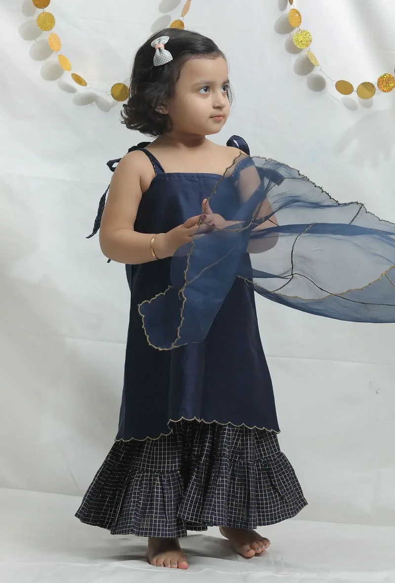 Set of 3: Blue Chanderi Kurta with Sharara with Organza Dupatta