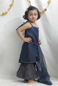 Set of 3: Blue Chanderi Kurta with Sharara with Organza Dupatta image 2