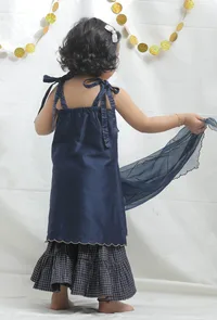 Set of 3: Blue Chanderi Kurta with Sharara with Organza Dupatta image 3