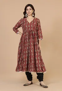 Set of 2: Hand Block Baagh Print Flared Kurta with Lace Detailing & Black Chooridar Cotton Pant image 1