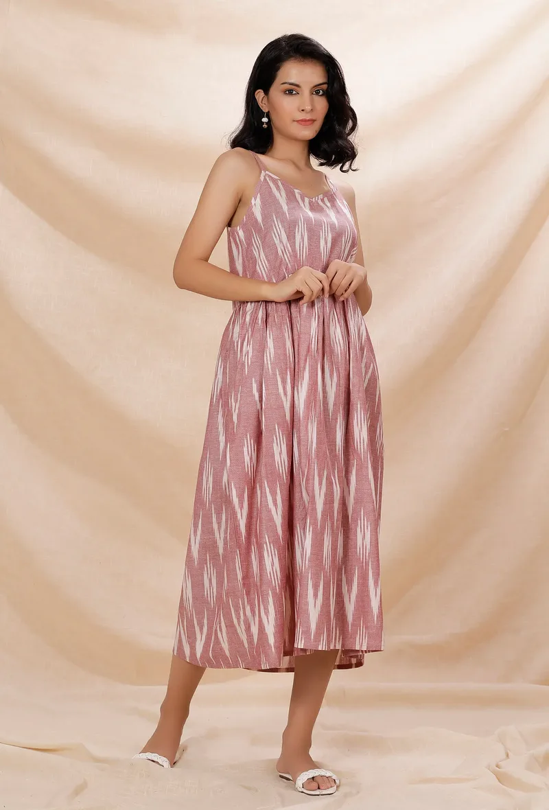 Soft Berry Pink Cotton Slip Sleeveless Gathered And Flared Ikkat Dress With Pockets