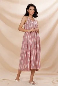 Soft Berry Pink Cotton Slip Sleeveless Gathered And Flared Ikkat Dress With Pockets image 1