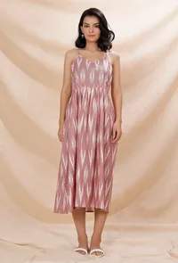 Soft Berry Pink Cotton Slip Sleeveless Gathered And Flared Ikkat Dress With Pockets image 2