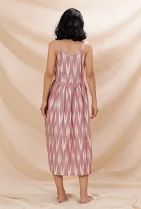 Soft Berry Pink Cotton Slip Sleeveless Gathered And Flared Ikkat Dress With Pockets image 3