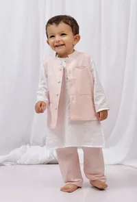 Set of 3: White Cotton Kurta and Pajama with Orange Striped Nehru Jacket image 1