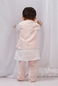 Set of 3: White Cotton Kurta and Pajama with Orange Striped Nehru Jacket image 3