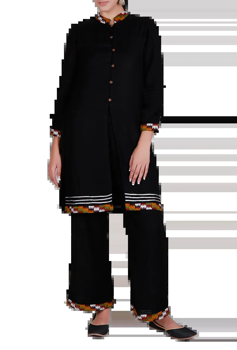 Black Kullu Patti Pure Wool Kurta