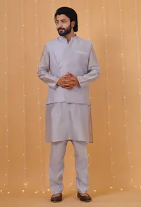 Set Of 3: Ice Blue Chanderi Kurta, Pajama & Overlapped Nehru Jacket image 1