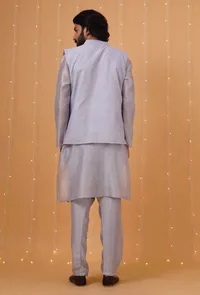 Set Of 3: Ice Blue Chanderi Kurta, Pajama & Overlapped Nehru Jacket image 2