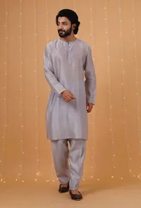 Set Of 3: Ice Blue Chanderi Kurta, Pajama & Overlapped Nehru Jacket image 3