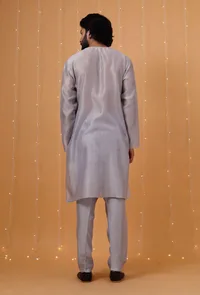 Set Of 3: Ice Blue Chanderi Kurta, Pajama & Overlapped Nehru Jacket image 4