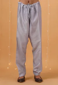 Set Of 3: Ice Blue Chanderi Kurta, Pajama & Overlapped Nehru Jacket image 5