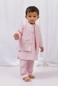 Set of 3: Pink striped Cotton Kurta and Pajama with Pink Striped Nehru Jacket image 1