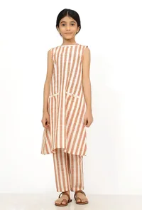 Set of 2: Mustard Stripes Cotton Kurti with Pants image 2