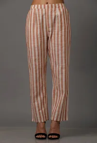 Orange and White Stripes Pure Woven Cotton Pants image 1