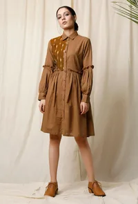 Ikat Cotton Slub Khaki Dress image 1