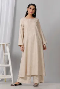 Set of 2: Beige Round Neck Cotton Khadi Kurta With Palazzo image 1