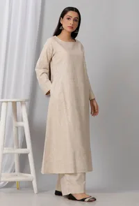 Set of 2: Beige Round Neck Cotton Khadi Kurta With Palazzo image 2