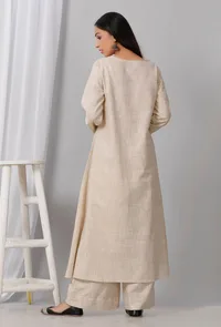 Set of 2: Beige Round Neck Cotton Khadi Kurta With Palazzo image 3