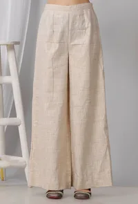 Set of 2: Beige Round Neck Cotton Khadi Kurta With Palazzo image 4