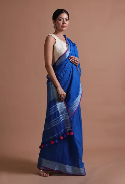 Blue Color Cotton Linen Saree With Unstitched Blouse