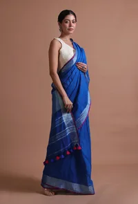 Blue Color Cotton Linen Saree With Unstitched Blouse image 1