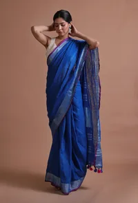 Blue Color Cotton Linen Saree With Unstitched Blouse image 2