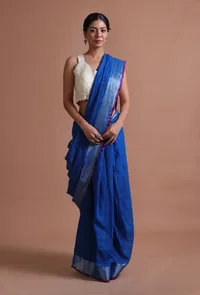 Blue Color Cotton Linen Saree With Unstitched Blouse image 3