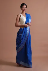 Blue Color Cotton Linen Saree With Unstitched Blouse image 4