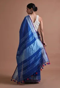 Blue Color Cotton Linen Saree With Unstitched Blouse image 5