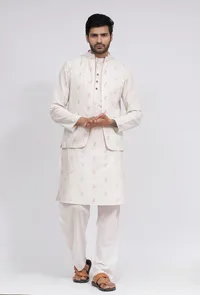 Set of 3: White Dobby Nehru Jacket With White Dobby Button Down Kurta and Pajama image 1