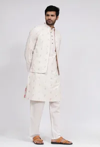 Set of 3: White Dobby Nehru Jacket With White Dobby Button Down Kurta and Pajama image 2