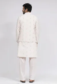Set of 3: White Dobby Nehru Jacket With White Dobby Button Down Kurta and Pajama image 3