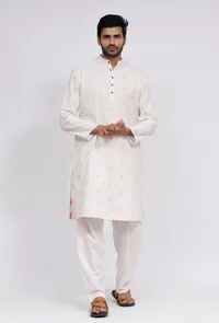 Set of 3: White Dobby Nehru Jacket With White Dobby Button Down Kurta and Pajama image 4