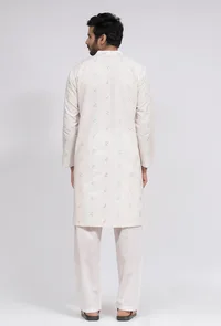 Set of 3: White Dobby Nehru Jacket With White Dobby Button Down Kurta and Pajama image 5