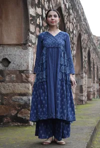 Set Of 2:Luni Indigo Printed Tiered Kurta & Palazzo Pants image 1