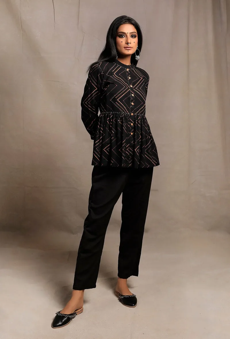 Black Hand Block Printed Gathered Buttoned Shirt