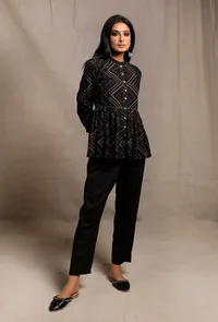 Black Hand Block Printed Gathered Buttoned Shirt image 1