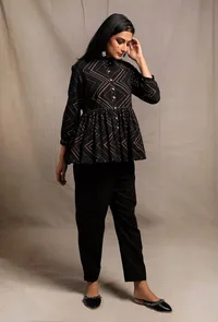Black Hand Block Printed Gathered Buttoned Shirt image 3