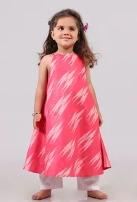 Set of 2: Punch Pink Halter Neck Dress with Cotton Pants image 1