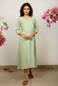 Mint Green Cotton Kota wrap around dress image 2